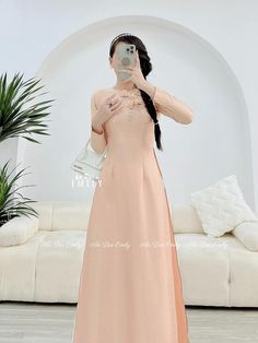 🌻 Stretchy level: 2/10 🌻Material: Lụa vân gỗ 🌻 The measurement of this ao dai (long dress) is in Vietnamese size (American size tends to be bigger for the same size). Please LOOK AT THE SIZE CHART CAREFULLY BEFORE ORDERING. There might have some chalk writings on the fabric due to making process. These marks can be washed away easily. 🌻No returns or exchanges Buyer can contact seller about any issues with an order. 💜 Thank you very much!💜 Pink Ao Dai For Evening Spring Events, Spring Evening Pink Ao Dai, Elegant Ao Dai For Summer Parties, Elegant Summer Ao Dai For Party, Elegant Full-length Ao Dai For Summer, Elegant Long Ao Dai For Summer, Spring Party Ao Dai, Floor-length, Summer Wedding Ao Dai In Maxi Length, Spring Evening Ao Dai With Long Sleeves