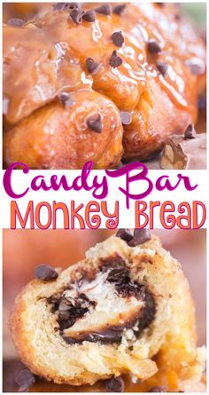 there are chocolate chip cookies in the center of this candy bar monkey bread roll recipe