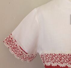 "Father knows best style dress, 50s/early 60s red and white party dress with crochet lace trim and petite mock buttons. Fitted waist and fully gently pleated skirt with inner tulle waist 1/2!slip.5 back buttons &swag belt.No labels cotton or cotton blend.Size approximately 10/12/Pit to pit 15\"/waist 13\"/length (shoulder to bottom) 32\" w/a 2 1/2\" hem/no issues clean/Smoke free environment(02)" White Cotton 1950s Style Dress, 1950s White Cotton Dress, Vintage Fitted Dresses With Crochet Trim, Retro Vintage Dress With Lace Trim And Short Sleeves, Vintage White Dress With Yoke, Vintage White Dress With Yoke Detail, Retro Short Sleeve Dresses With Lace Trim, White Retro Dress With Lace Trim, Retro White Dresses With Lace Trim