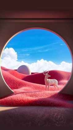 an image of a deer standing in the middle of a red desert with clouds and blue sky