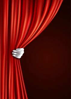 a red curtain with white hands coming out from behind it, in front of a dark background