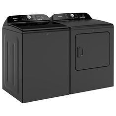 a black washer and dryer sitting side by side on top of each other