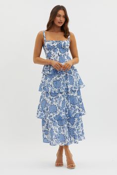 Shop the Provence Bloom Tiered Maxi Dress Floral Blue | Selfie Leslie White Kitten Heels, Maxi Dress Floral, White Kitten, Blue Bridesmaids, Tiered Maxi Dress, Dress Floral, High Tea, Floral Maxi, Tulle Dress