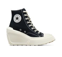 The always-premium Chuck 70 gets a luxe, lifted update. Converse Chuck 70 De Luxe Wedge Canvas For Women In Black, Size 10 Star High Heels, Converse High Heels, Converse Wedge Sneakers, Converse Wedge, Chunky Converse, Converse Heels, Womens High Top Shoes, Women In Black, Black Platform Shoes