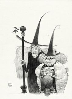 a drawing of two cartoon characters dressed as witches and one is holding a lamppost