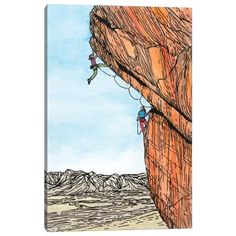 a drawing of a man climbing up the side of a cliff with another person on it