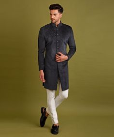 Black Velvet With Shoulder Embroidery Sherwani Set Chatenya Mittal - Fabilicious Fashion Velvet Sherwani, Shoulder Embroidery, Indian Wedding Wear, Printed Kurti, Pants Cotton, Silk Jacket, Velvet Pants, Mens Fashion Trends, Wedding Wear