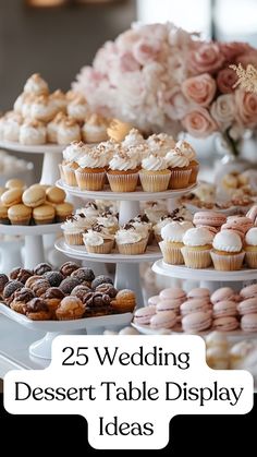 Modern wedding dessert table display with a variety of elegant treats, including cupcakes, macarons, and pastries, arranged on minimalist stands in a stylish, cohesive design. Dessert Bars Wedding Reception, Dessert Table Ideas For Wedding, Desert Display Wedding, Fancy Wedding Desserts, Cupcake Dessert Table Wedding, Summer Wedding Dessert Table, Boho Wedding Dessert Table, Wedding Dessert Table Display, Easy Wedding Desserts