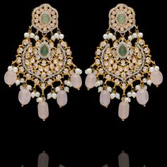 Elegant Danglers For Festive Reception, Elegant Danglers For Reception And Festive Occasions, Fusion Style Cubic Zirconia Jewelry With Stones, Elegant Danglers With Stone Work For Reception, Elegant Kundan Hand Set, Elegant Chandbalis With Stone Work, Reception Chandelier Earrings With Stone Work, Elegant Chandbali Danglers For Reception, Festive Elegant Chandbalis With Stone Work