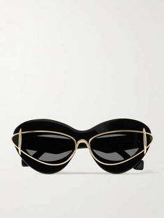 LOEWE EYEWEAR Double-frame cat-eye gold-tone and acetate sunglasses | NET-A-PORTER Modern Gold Cat Eye Sunglasses For Evening, Chic Gold Cat Eye Sunglasses For Evening, Evening Cat Eye Acetate Sunglasses, Luxury Elegant Cat Eye Sunglasses, Luxury Black Elegant Cat Eye Sunglasses, Loewe Eyewear, Loewe Sunglasses Cat Eye, Designer Black Cat Eye Sunglasses, Luxury Black Cat Eye Sunglasses