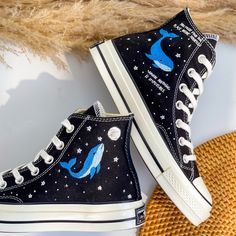 Embroidered Converse High Tops, Embroidery Converse, Converse Embroidery, 1970s Shoes, Embroidered Vans, Whale Embroidery, Embroidered Sneakers, Embroidered Converse