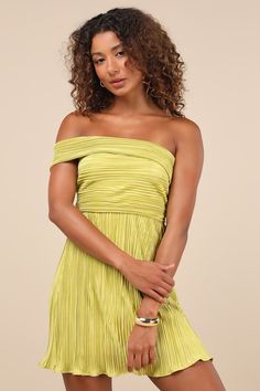 Poised Performance Chartreuse Plisse One-Shoulder Mini Dress Off-shoulder Pleated Evening Dress, Green Midi-length Off-shoulder Party Dress, Green Off-shoulder Midi Dress For Date Night, Spring Strapless Pleated Dress For Party, Spring Party Strapless Dress With Pleated Details, Spring Party Strapless Dress With Pleats, Flirty Strapless Pleated Dress, Off-shoulder Pleated Cocktail Midi Dress, Spring Pleated Strapless Mini Dress