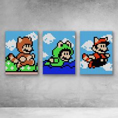 three pixel art pieces depicting mario and luigi