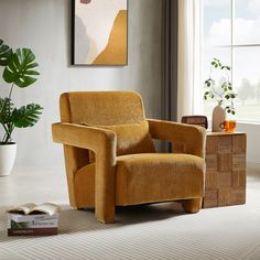 a yellow chair sitting on top of a white floor next to a book and potted plant