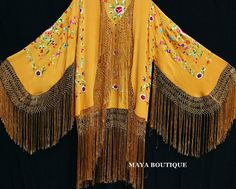 Embroidered Silk Fringe Jacket Kimono Traditional Embellished Spring Outerwear, Traditional Embroidered Outerwear For Parties, Bohemian Wedding Outerwear With Intricate Embroidery, Embroidered Bohemian Outerwear For Weddings, Bohemian Outerwear With Floral Embroidery For Wedding, Bohemian Embroidered Wedding Outerwear, Silk Outerwear With Intricate Embroidery For Spring, Spring Festive Embroidered Kimono, Festive Embroidered Spring Kimono