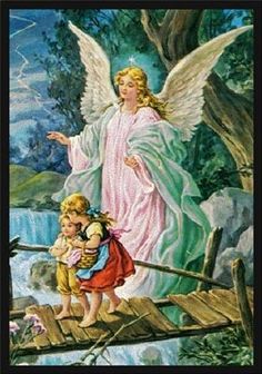 an angel with two children on a bridge