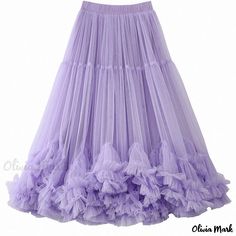 Olivia Mark - Statement Style Fashion Mesh Midi Skirt with Sweet Ruffle Hem and Large Letter Print - Elegant Poofy A-Line Skirt Lavender Tiered Skirt For Spring, Fitted Purple Skirt With Ruffles, Lavender Party Skirt For Summer, Summer Party Skirt In Lavender, Summer Party Lavender Skirt, Lavender Ruffled Bottoms For Spring, Spring Lavender Ruffled Bottoms, Purple Long Skirt With Ruffles, Purple Ruffled Skirt For Party