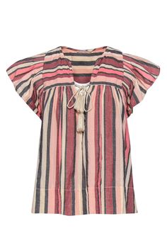 Current Boutique-Ulla Johnson - Pink, Grey, Cream & Gold Striped Flutter Sleeve Top w/ Tassels Sz 8 Tassel Shorts, French Girl Chic, Chic Shop, Buy Shoes Online, Flutter Sleeve Top, Gold Stripes, French Girl, Cream And Gold, Flutter Sleeves