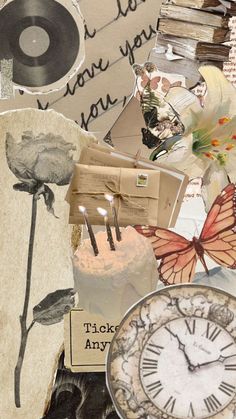 an assortment of scraps and papers with clocks