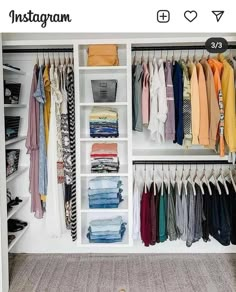 an organized closet with clothes and shoes