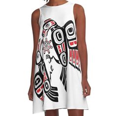 Loose-fit, mid-length sleeveless dress with silky handfeel. Printed on both sides. Machine washable. Size range XS-2XL. This piece shows a scene from the traditional Northwest Coast Story "The Raven steals the Light". Eagle tries to take the light from Raven after Raven stole it from an old man. Haida Eagle, Northwest Coast, The Raven, Kingfisher, Dress For Sale, Old Man, The Light, Mid Length, Dresses For Sale