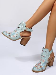 Floral Embroidered Studs Open Heel Chunky Heel Ankle Boots Trendy Summer Boots With Ankle Strap, Spring Ankle Strap Boots, Floral Embroidered Boots For Spring Festival, Floral Embroidery Boots For Spring Festival, Summer Boots With Buckle Closure And Pointed Toe, Bohemian Closed Toe Boots For Spring, Trendy Ankle Strap Boots For Spring, Embroidered Closed Toe Summer Boots, Summer High Heel Boots With Buckle Closure