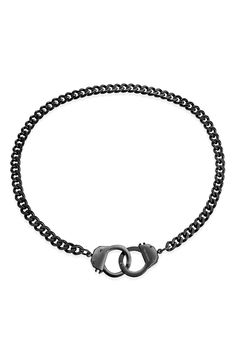 Stainless steel handcuffs function a clasp on an edgy chain necklace. Secured clasp Stainless steel Imported Party Jewelry With Adjustable Gunmetal Chain, Party Jewelry With Adjustable Chain In Gunmetal, Black Chain Link Edgy Jewelry, Gunmetal Jewelry With Adjustable Chain For Party, Edgy Black Chain Link Jewelry, Edgy Gunmetal Chain Jewelry, Black Metal Jewelry With Chain Strap, Black Edgy Jewelry With Chain Strap, Edgy Metal Jewelry With Chain Strap