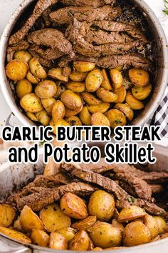 A skillet filled with juicy garlic butter steak strips and golden roasted baby potatoes, garnished with fresh herbs for a flavorful one-pan meal. Perfect for an easy and hearty dinner. Steak And Potato Skillet, Balsamic Glazed Steak Rolls, Steak And Potatoes Skillet, Crispy Fried Potatoes, Butter Steak And Potatoes, Garlic Butter Steak And Potatoes, Easy Garlic Butter, Potatoes Skillet, Steak And Potatoes