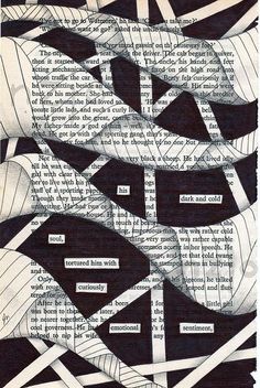 an abstract drawing with black and white lines on the bottom half of it, surrounded by words