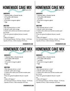 the ingredients for homemade cake mix are shown in black and white, with blue accents