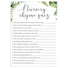 Greenery nursery rhyme quiz babyshower game printable by LittleSizzle Nursery Rhyme Game Baby Shower Printable, Babyque Shower, Greenery Nursery, Nursery Rhyme Quiz, Green Baby Shower Invitations, Nursery Rhymes Games, Baby Shower Game Cards, Garden Baby Showers, Baby Sprinkle Invitations