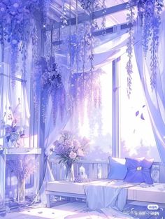 a room filled with lots of windows covered in purple curtains and flowers hanging from the ceiling