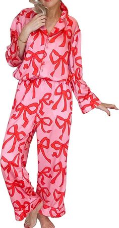 MAINESAKA Womens Button Down Pajamas Set Long Sleeve Bow/Heart Print Button Up Shirt Lounge Pants y2k Pjs Cute Sleepwear (Bow, M) at Amazon Women’s Clothing store Floral Pajama Set, Cute Sleepwear, Bow Print, Cute Pants, Satin Pyjama Set, Sleepwear Sets, Print Pajamas, Pajamas Set, Long Sleeve Pyjamas