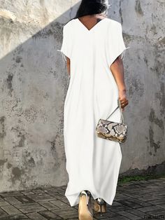 Peilia - Modest V-Neck Cover-Up Dress: Relaxed Fit with Stylish Tie Sides, Non-Stretch Solid Beachwear Kaftan for Womens Swimwear and Clothing Collection V-neck Maxi Dress For Vacation, Solid Color V-neck Maxi Dress For Vacation, White V-neck Maxi Dress, Spring Beach Cover-up Kaftan With Tie Waist, Casual White V-neck Dress For Beach, Solid Color V-neck Maxi Dress For Beach, White Short Sleeve V-neck Dress For Vacation, Spring V-neck Beachwear Kaftan, White Flowy V-neck Maxi Dress