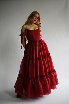 The Siena Gown in Scarlet Red – Wild Rose & Sparrow Formal Tiered Dress, Floor Length Gowns Formal, Red Flowing Dress, Dark Romantic Dress, Red Selkie Dress, Dark Red Wedding Guest Dress, Red Tiered Dress, Corset Gown Fairytale, Whimsical Dress Formal