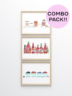 three framed pictures with different types of condiments on them and the words combo pack