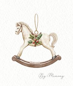 a white rocking horse ornament with holly and berries on it's back