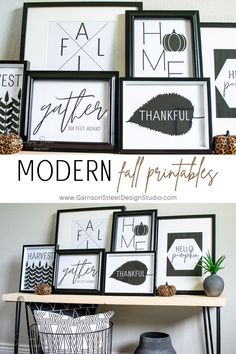 modern fall printables displayed on a shelf