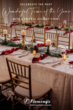 an image of a table set up for a holiday party with candles and place settings