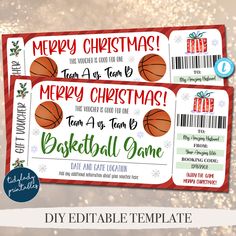 two christmas basketball ticket templates with the text merry christmas, and an image of a basketball