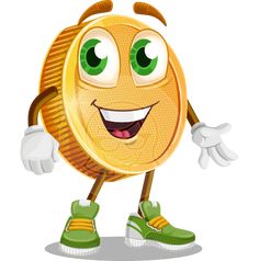 a cartoon gold coin character with green shoes