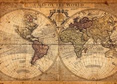 an old world map with the names of all countries on it's sides, in sepia