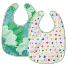 two bibs with different designs on them, one is green and the other is blue