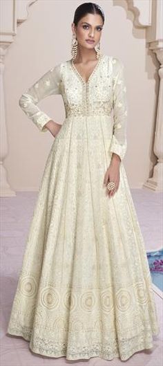 White and Off White color Gown in Georgette fabric with Cut Dana, Embroidered, Sequence, Thread work Party Wear Anarkali, Floor Length Anarkali, Gown With Dupatta, Gown Suit, Readymade Saree, Designer Anarkali, Anarkali Gown, Beaded Gown, Anarkali Suit