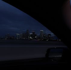 the city skyline is lit up at night as seen from inside a vehicle door window