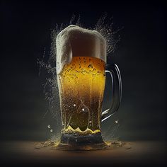 a beer is being poured into a glass with water splashing on the top and bottom