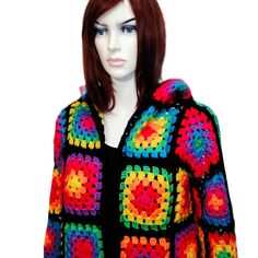 Bohemian Hooded Crochet Cardigan, Hooded Multicolor Cardigan, Hand Knitted Multicolor Knit Cardigan, Cozy Multicolor Hooded Cardigan, Multicolor Knitted Hooded Sweater, Multicolor Hooded Sweater For Spring, Hooded Multicolor Cardigan For Spring, Hooded Multicolor Spring Cardigan, Multicolor Knitted Acrylic Outerwear