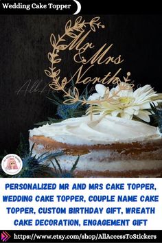 an advertisement for a wedding cake topper with flowers and leaves on it, in front of a black background