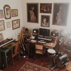 a living room filled with furniture and musical instruments