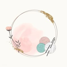 two balls of yarn and knitting needles in a circle on a pink watercolor background